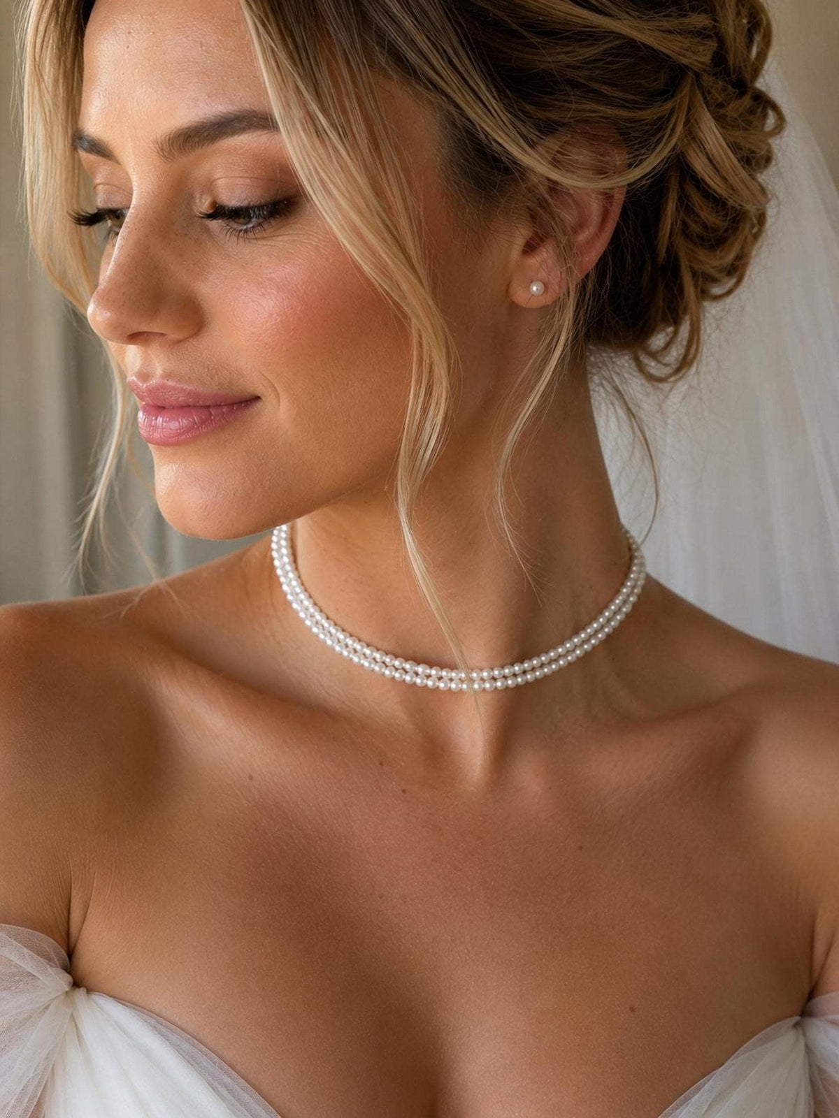 Double Strand Pearl Choker Necklace, Bridal Wedding Jewelry