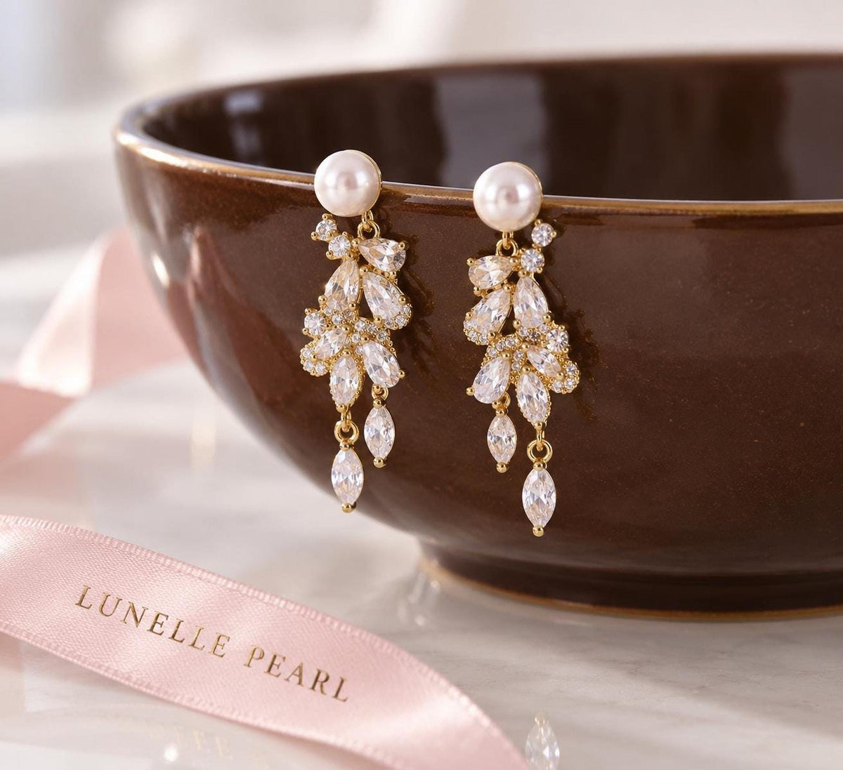 Pearl Vine Earrings – Gold Crystal Bridal Drops