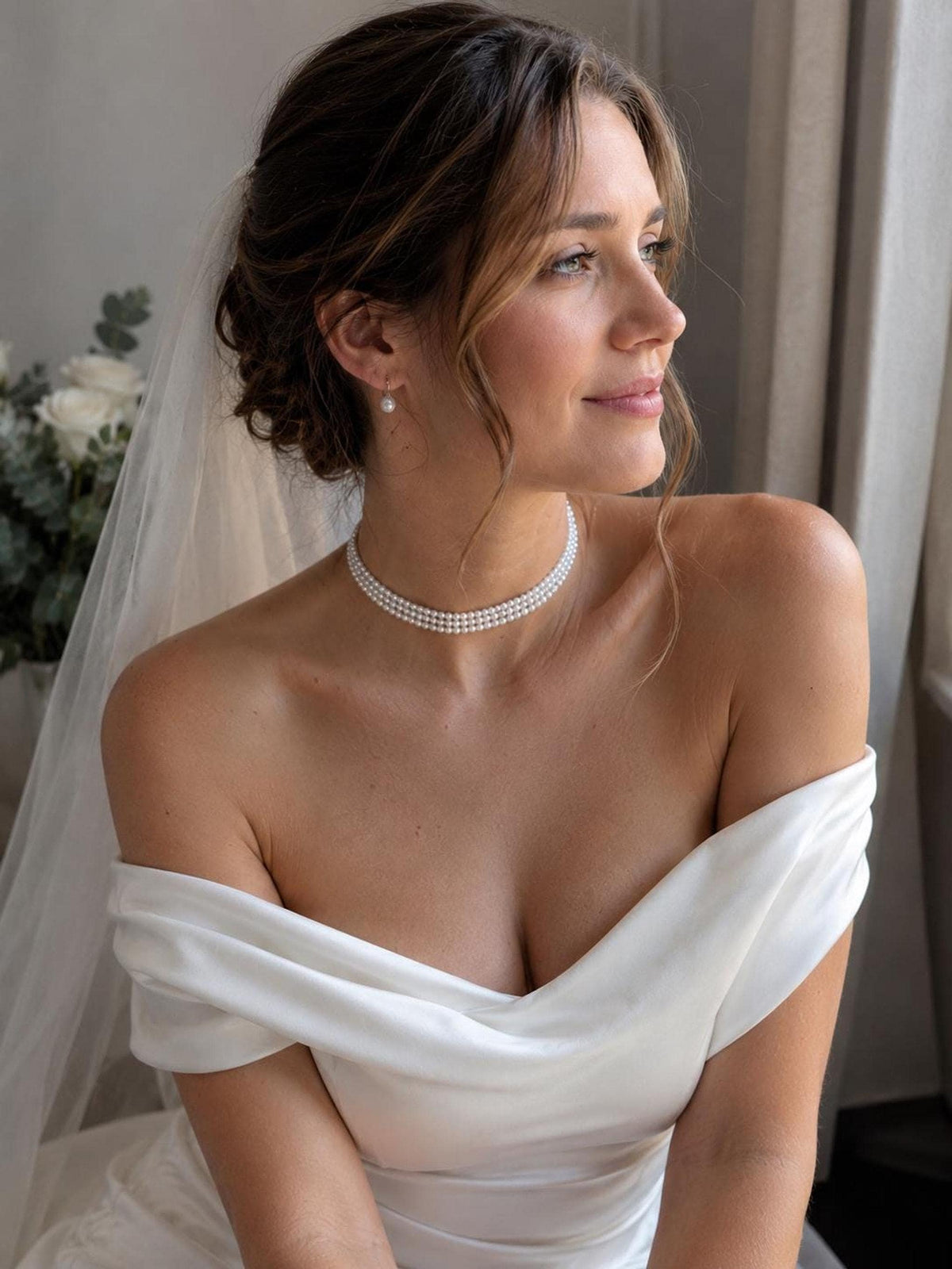 Layered Pearl Choker Necklace, Elegant Bridal Jewelry with Custom Length Options