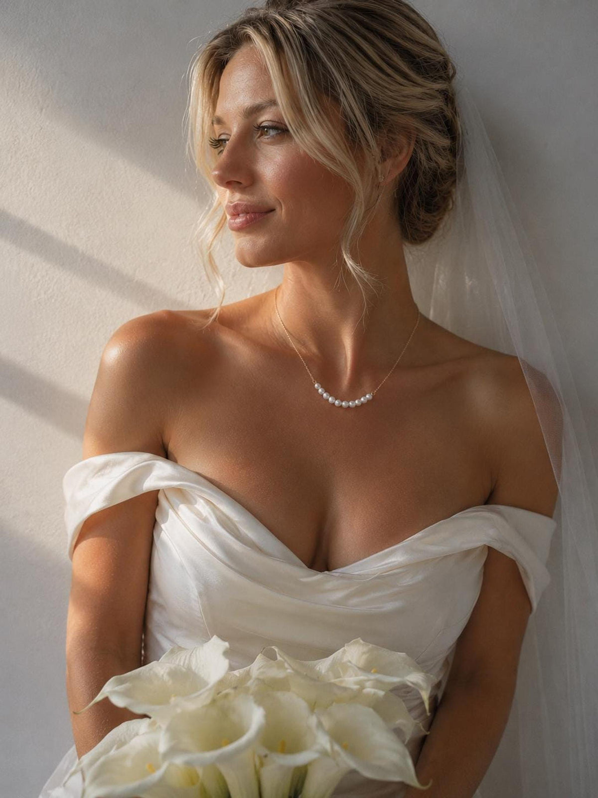Ethereal Pearl Bridal Necklace, Gold Plated Chain, Minimalist Bride Jewelry