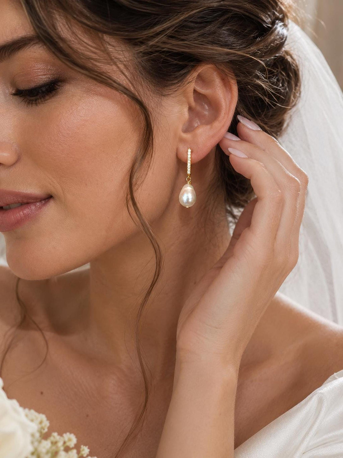 Baroque Mother of Pearl Earrings, 18K Gold Plated Sterling Silver Bridal Jewelry