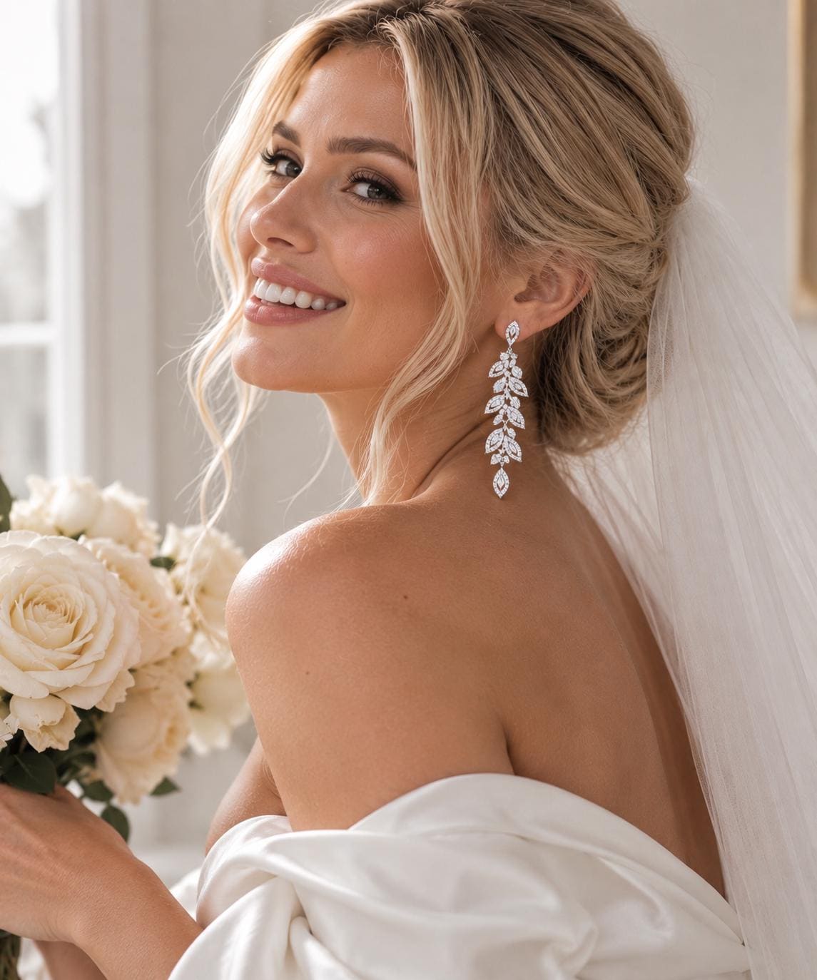 Elegant Leaf Chandelier Bridal Earrings, Cubic Zirconia Wedding Drop Jewelry