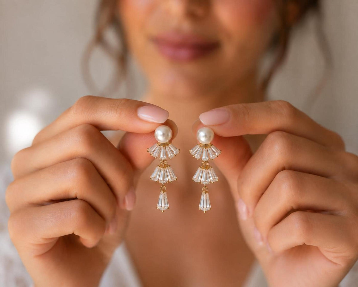 Pearl Bridal Earrings, Gold Crystal Drop Design Mermaids