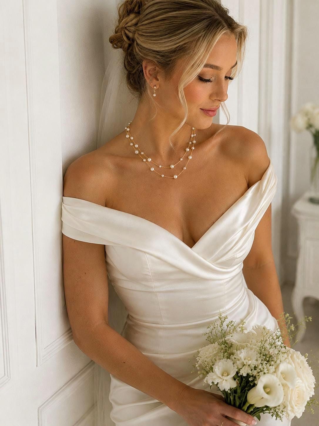 Double Layer Pearl Necklace, Bridal and Bridesmaid Wedding Jewelry