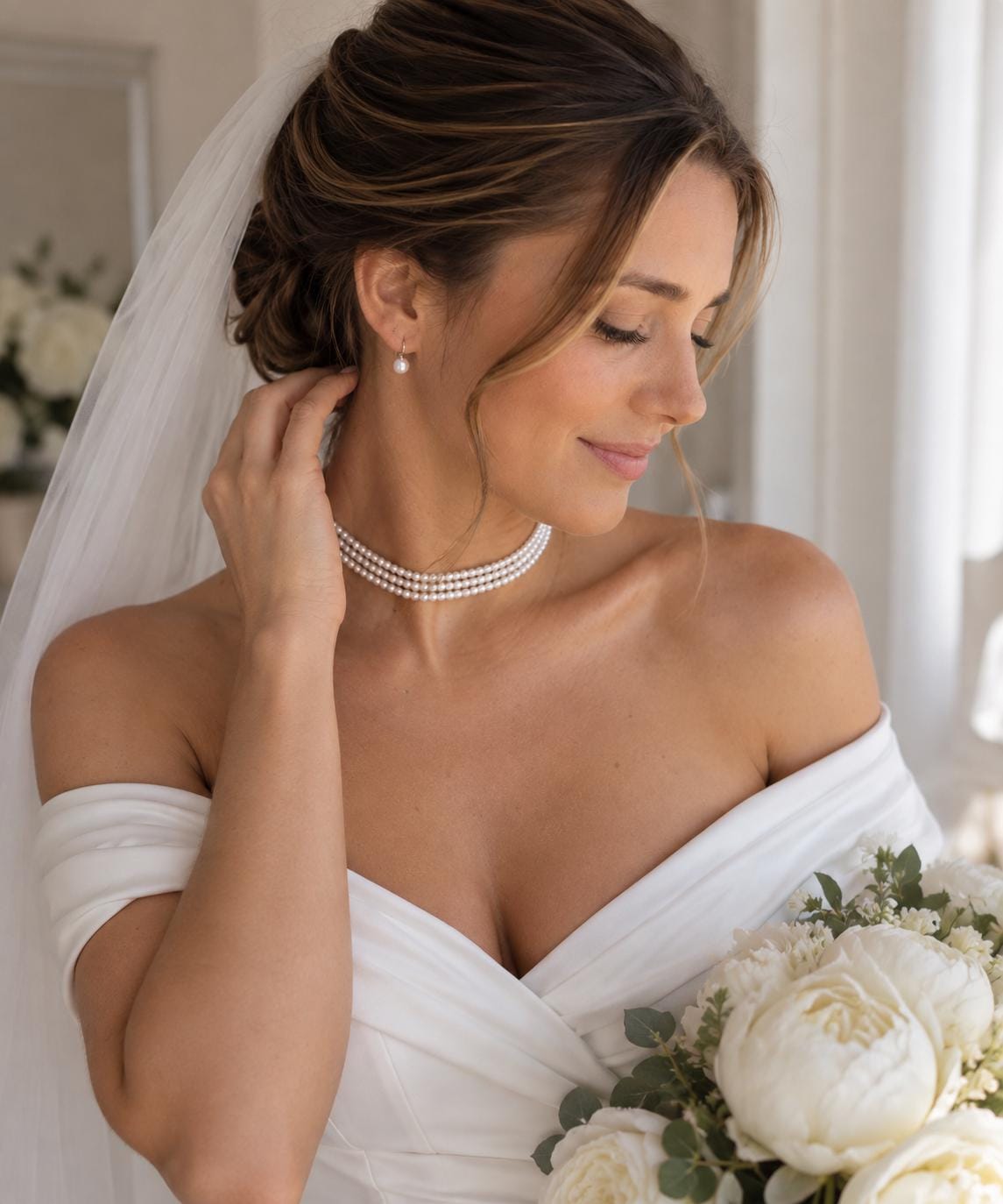 Multi-Strand Pearl Choker Necklace, Elegant Wedding Jewelry for Brides