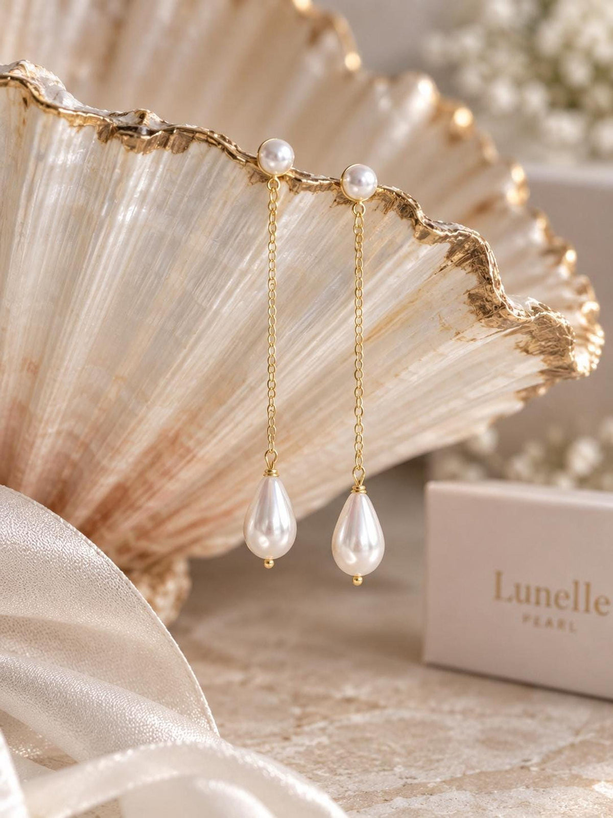 Long Pearl Drop Earrings, 7 Cm with Italian 14K Gold-Plated Bridal Jewelry