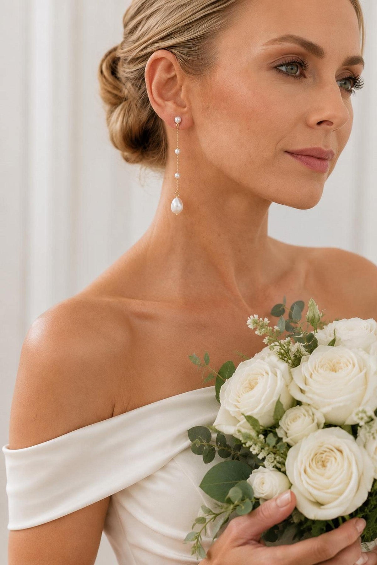 Delicate Pearl Long Drop Bridal Earrings, 14K Gold or Silver Filled Chain