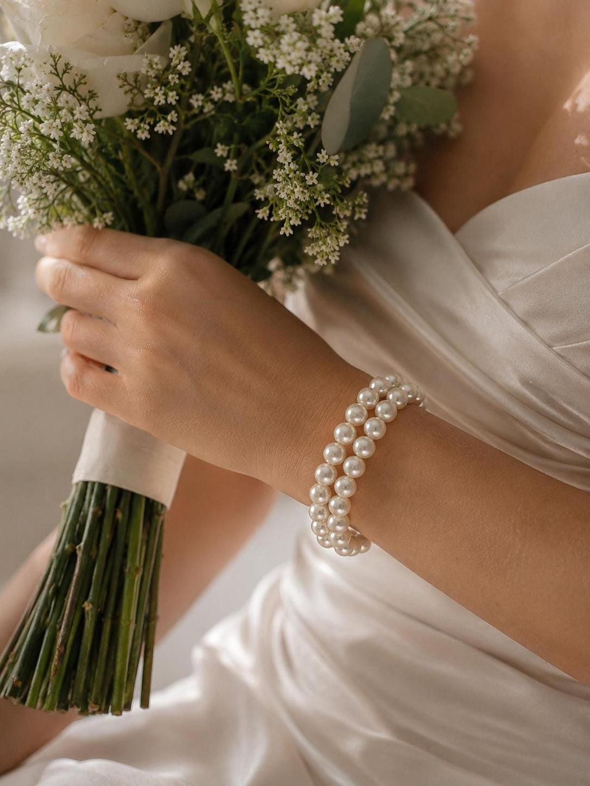 Double Strand Pearl Bridal Bracelet, Elegant Wedding Jewelry