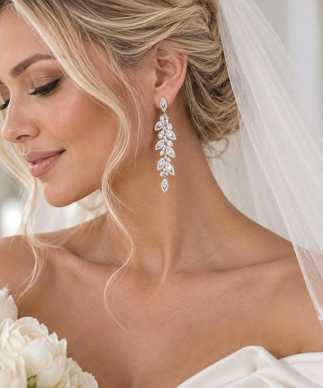 Elegant Leaf Chandelier Bridal Earrings, Cubic Zirconia Wedding Drop Jewelry