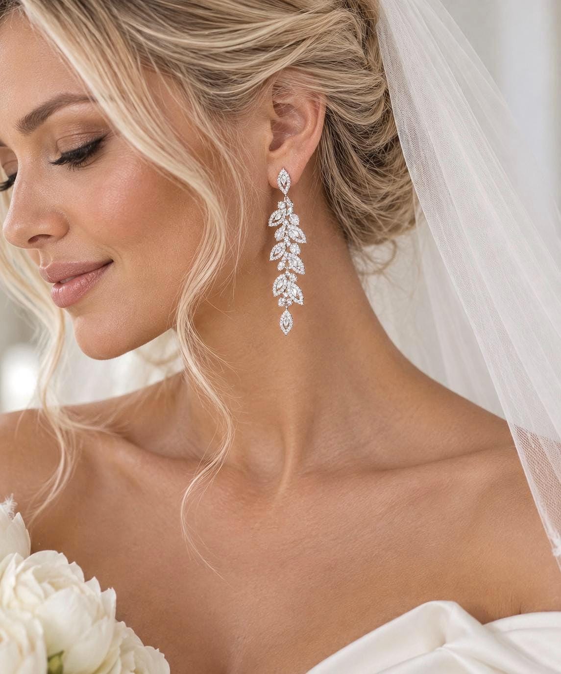 Elegant Leaf Chandelier Bridal Earrings, Cubic Zirconia Wedding Drop Jewelry