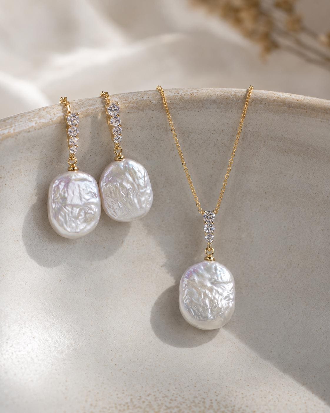 18K Gold Plated Baroque Pearl Jewellery Set, Bridal Necklace Earrings, Elegant Wedding