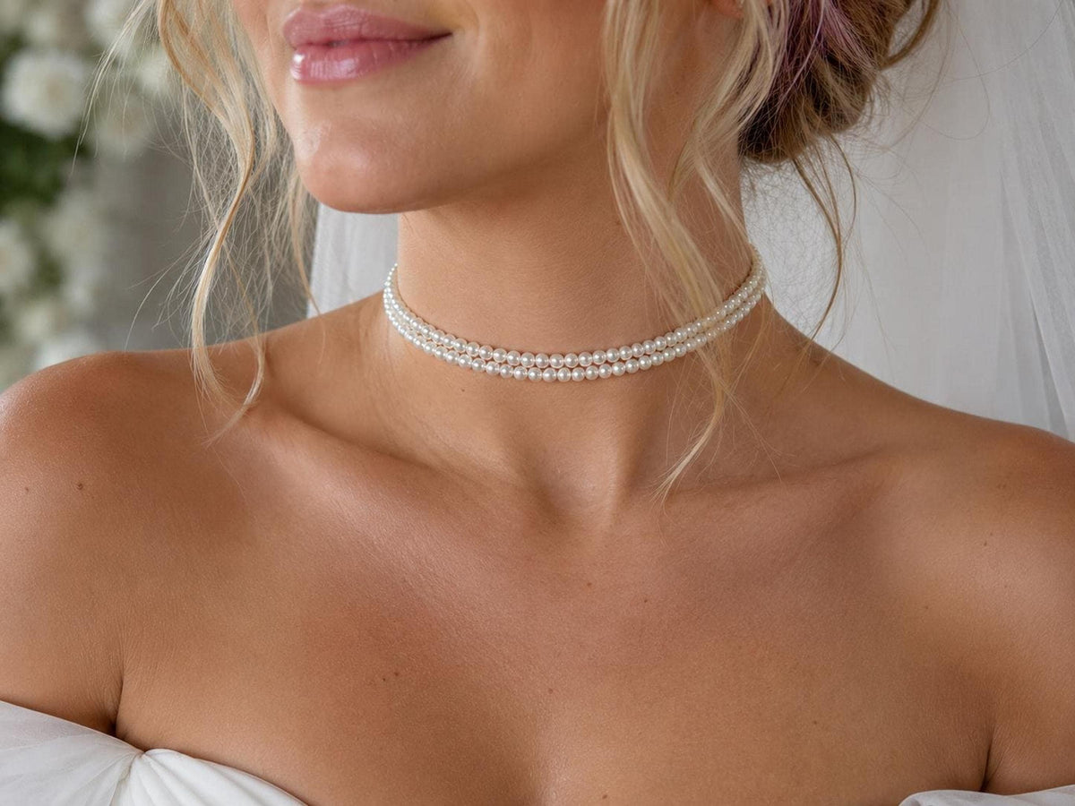 Double Strand Pearl Choker Necklace, Bridal Wedding Jewelry