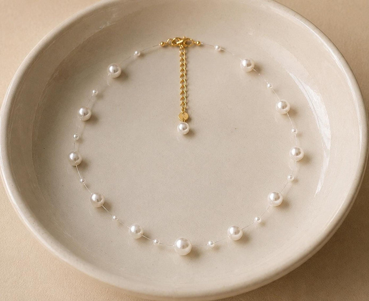 Floating Pearl Necklace: Minimalist Bridal Wedding Jewelry Choker