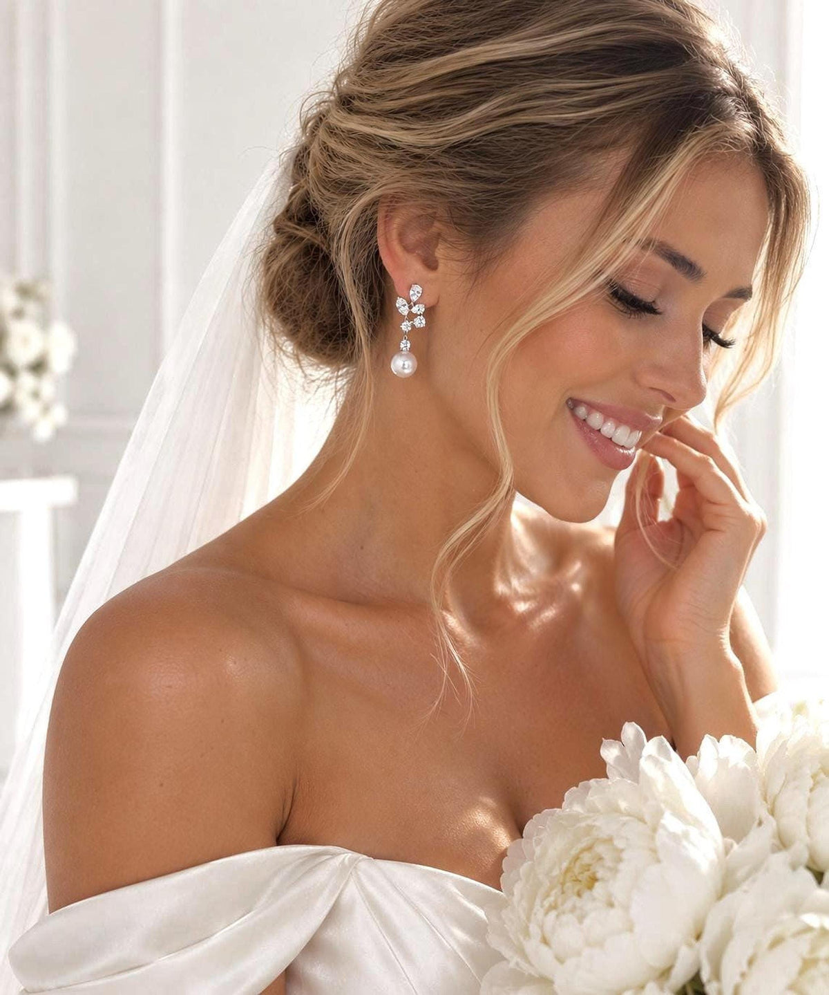 Elegant Pearl Drop Earrings with Crystal Leaf Design, Silver