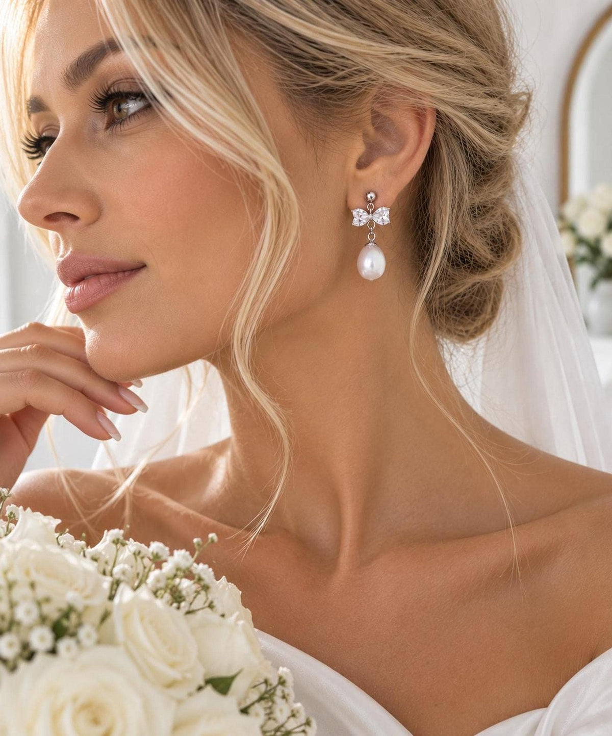 Sterling Silver Mother of Pearl Bow Earrings – Bridal Wedding Drop Jewelry