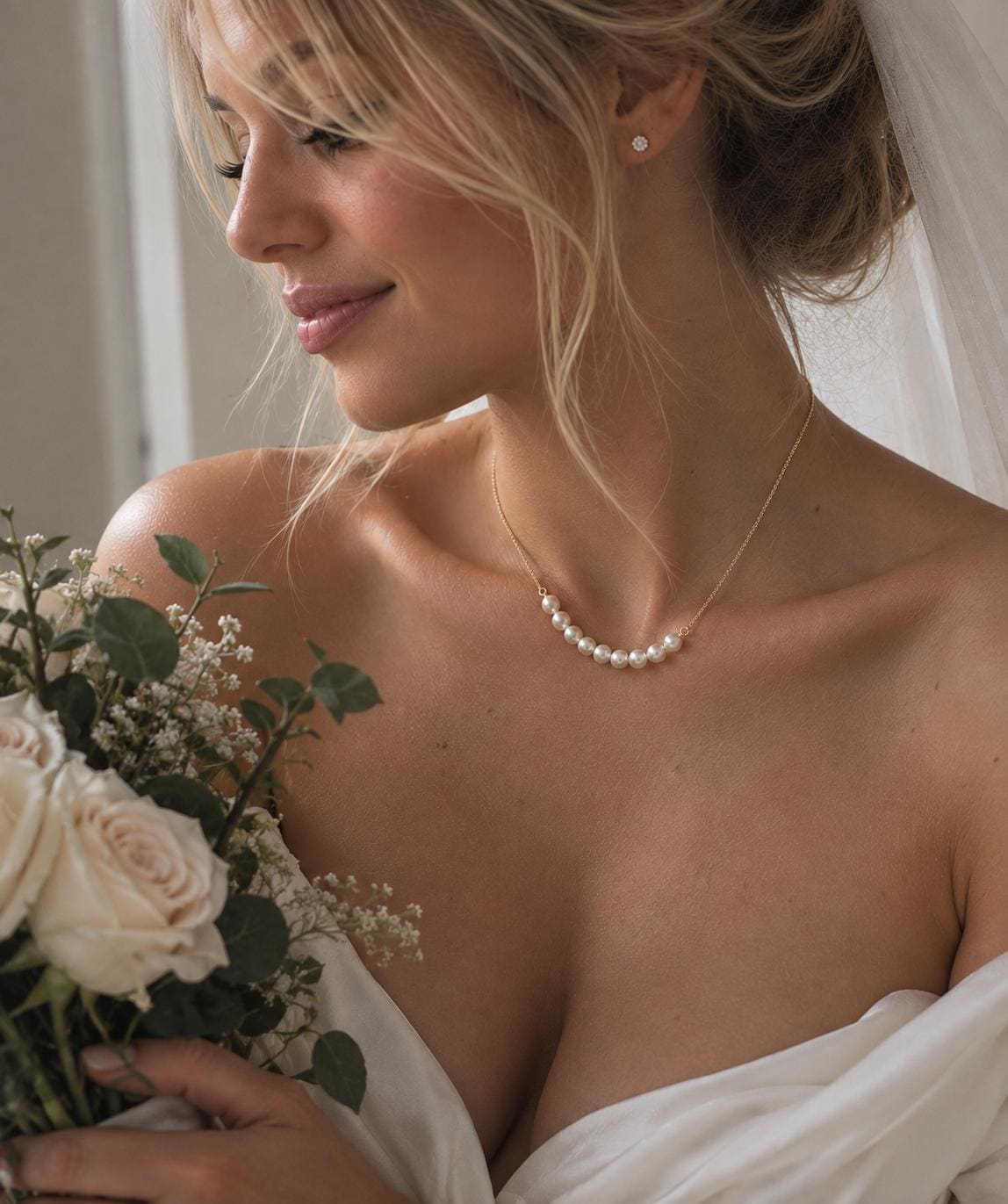 Ethereal Pearl Bridal Necklace, Gold Plated Chain, Minimalist Bride Jewelry