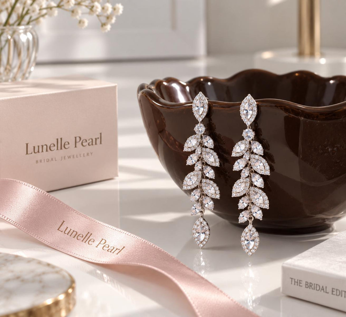 Elegant Leaf Chandelier Bridal Earrings, Cubic Zirconia Wedding Drop Jewelry