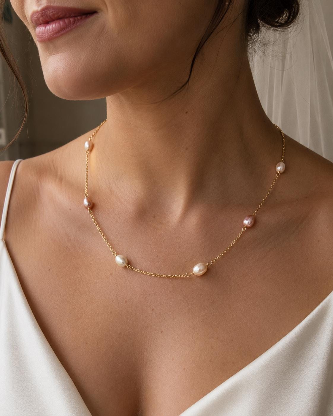 Luna Rosé Freshwater Pearl Necklace – 18k Gold Plated Bridal Chain