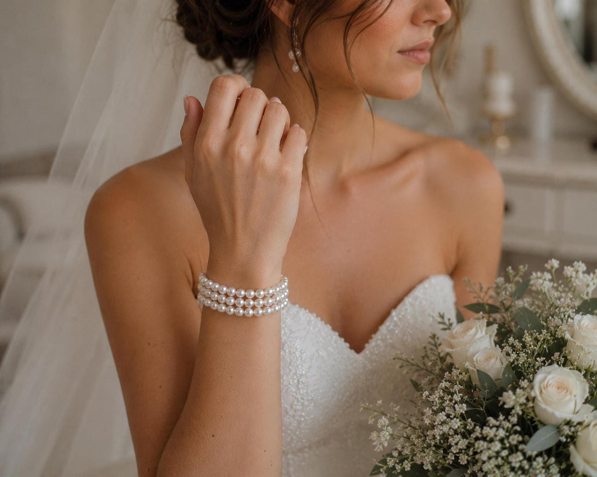 Multi Strand Pearl Bridal Bracelet Cuff, Classic Wedding Jewelry
