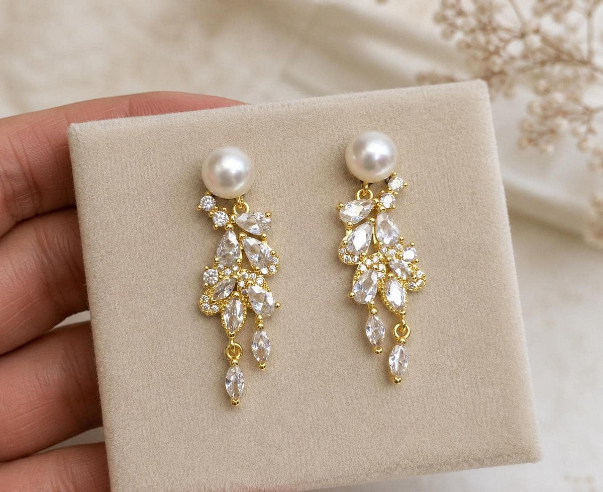Mother of Pearl Vine Earrings – Gold Crystal Bridal Drops