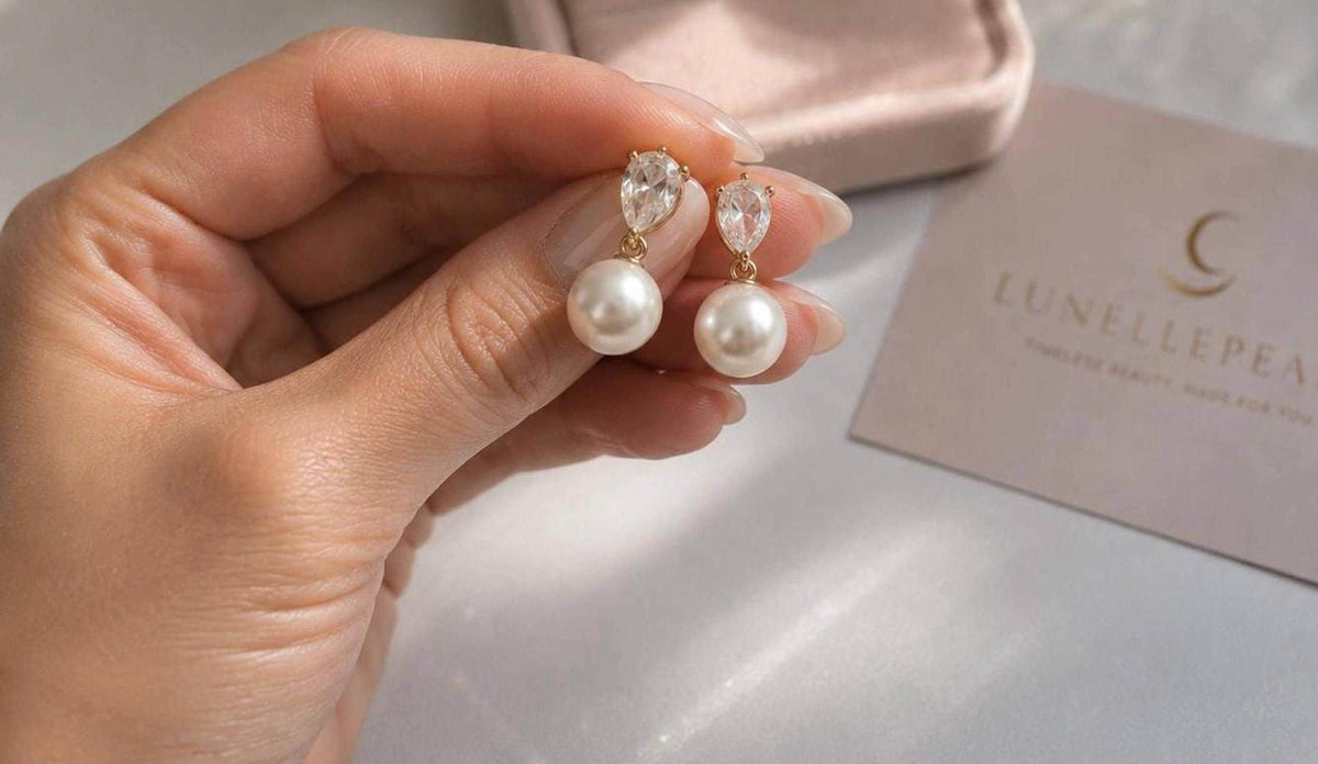 Elegant Wedding Jewelry Pearl Drop Earrings with Teardrop Crystals