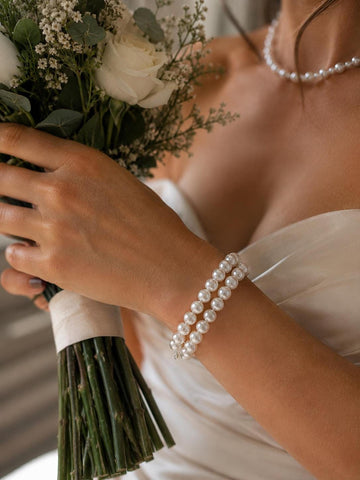 Double Strand Pearl Bridal Bracelet, Elegant Wedding Jewelry