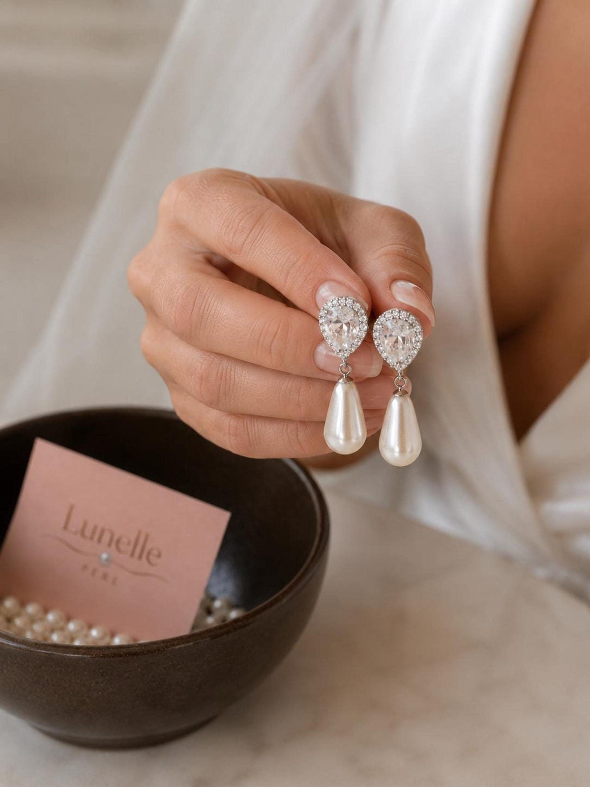 Teardrop Pearl Earrings with CZ Stones, Elegant Bridal Jewelry for Weddings