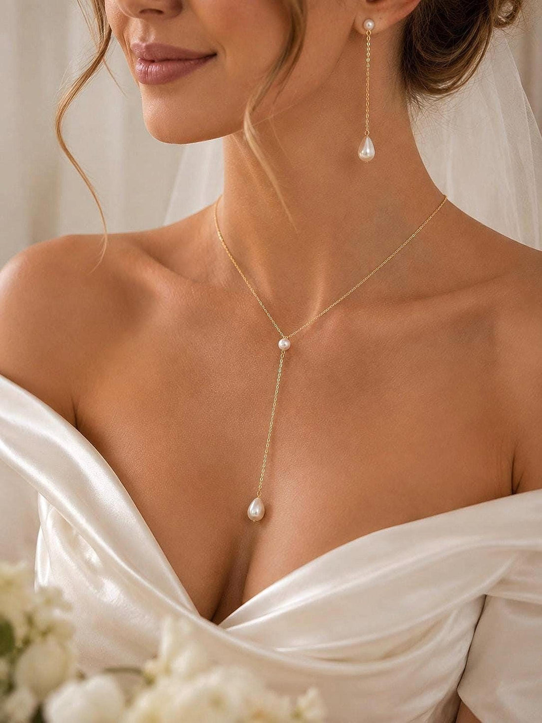 Pearl Y Necklace, 14K Gold-Plated Chain, Bridal Lariat