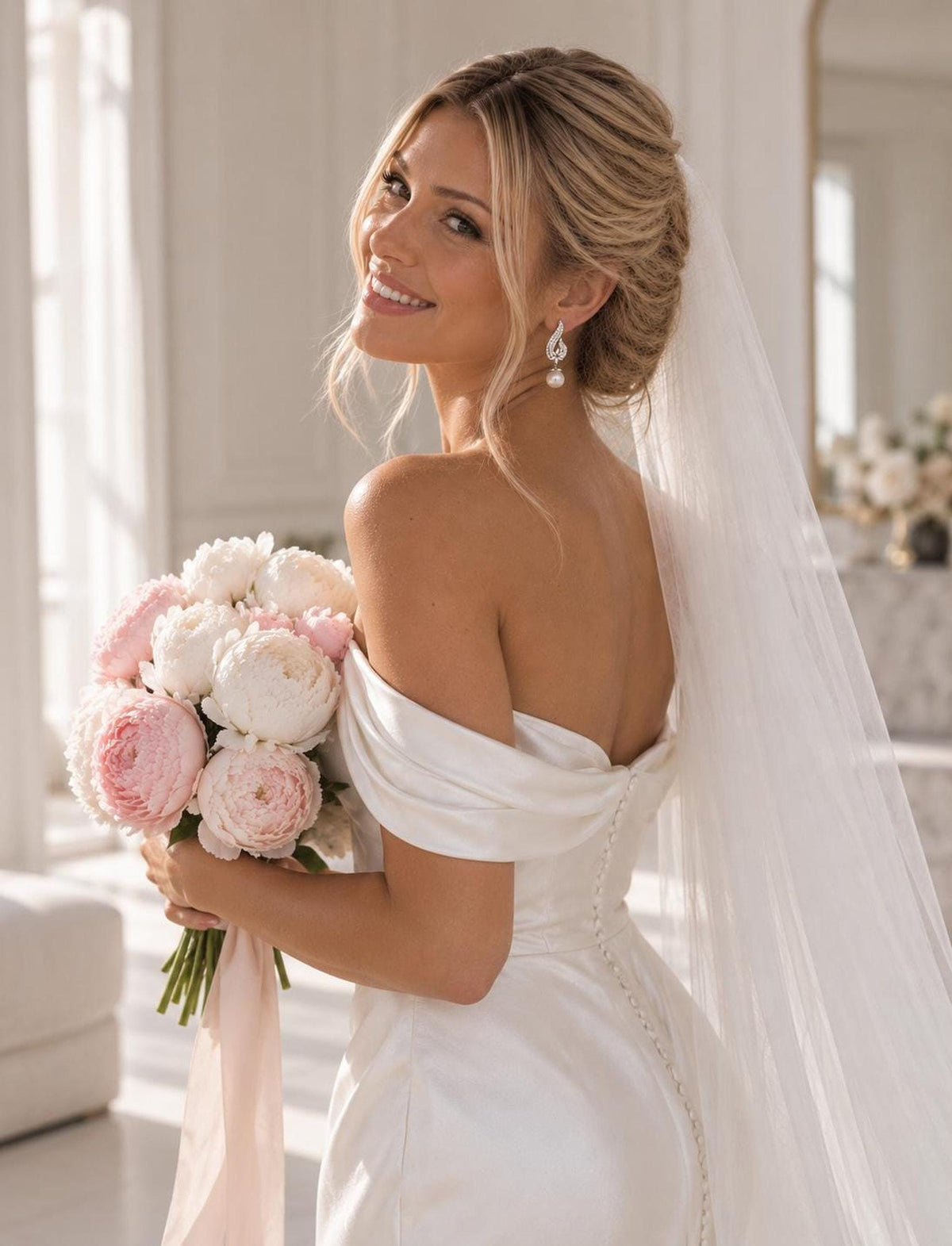 Pearl Bridal Earrings, Stainless Steel Zirconia Drop, 5 cm Wedding Jewelry