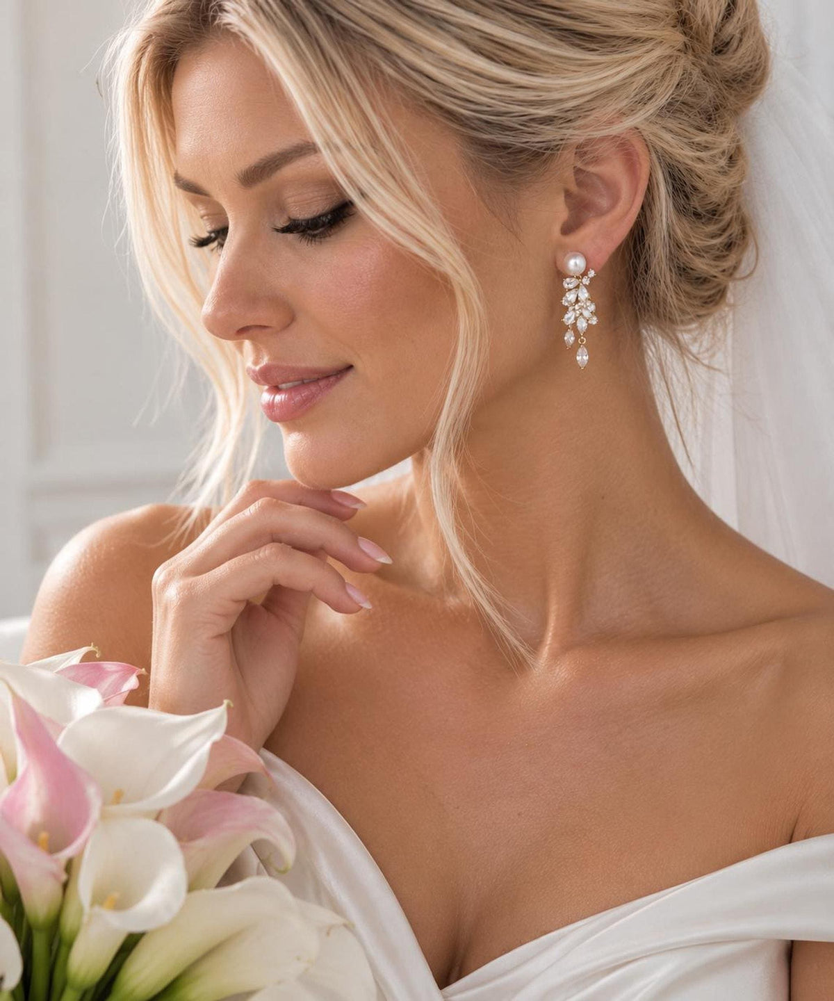Pearl Vine Earrings – Gold Crystal Bridal Drops