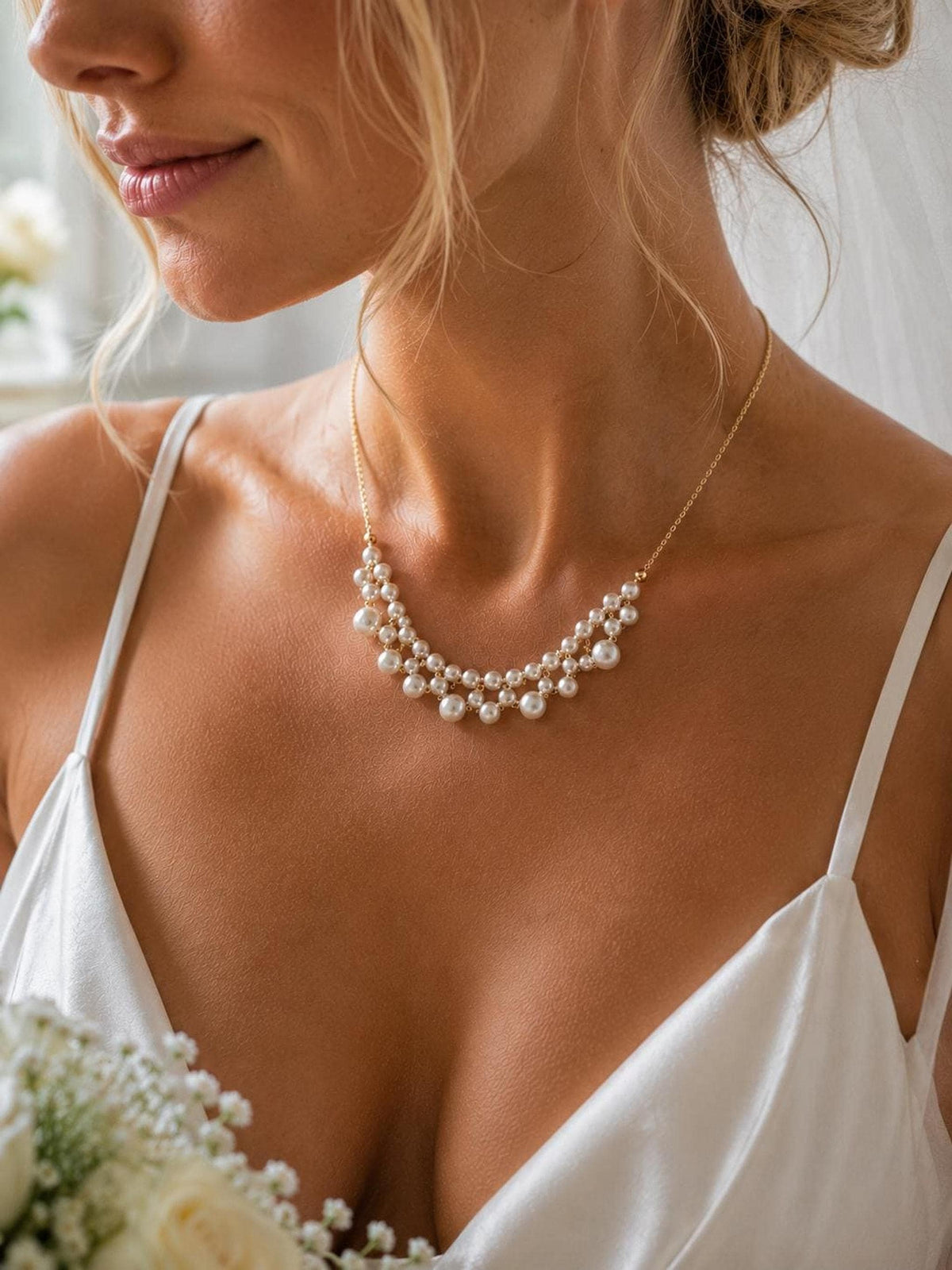 Dainty Ivory Pearl Necklace with Gold Chain, Elegant Bridal Jewelry for Special Occasions