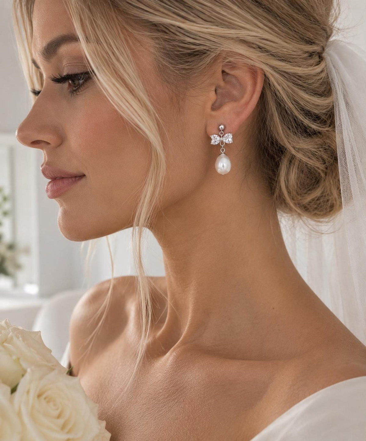 Sterling Silver Mother of Pearl Bow Earrings – Bridal Wedding Drop Jewelry