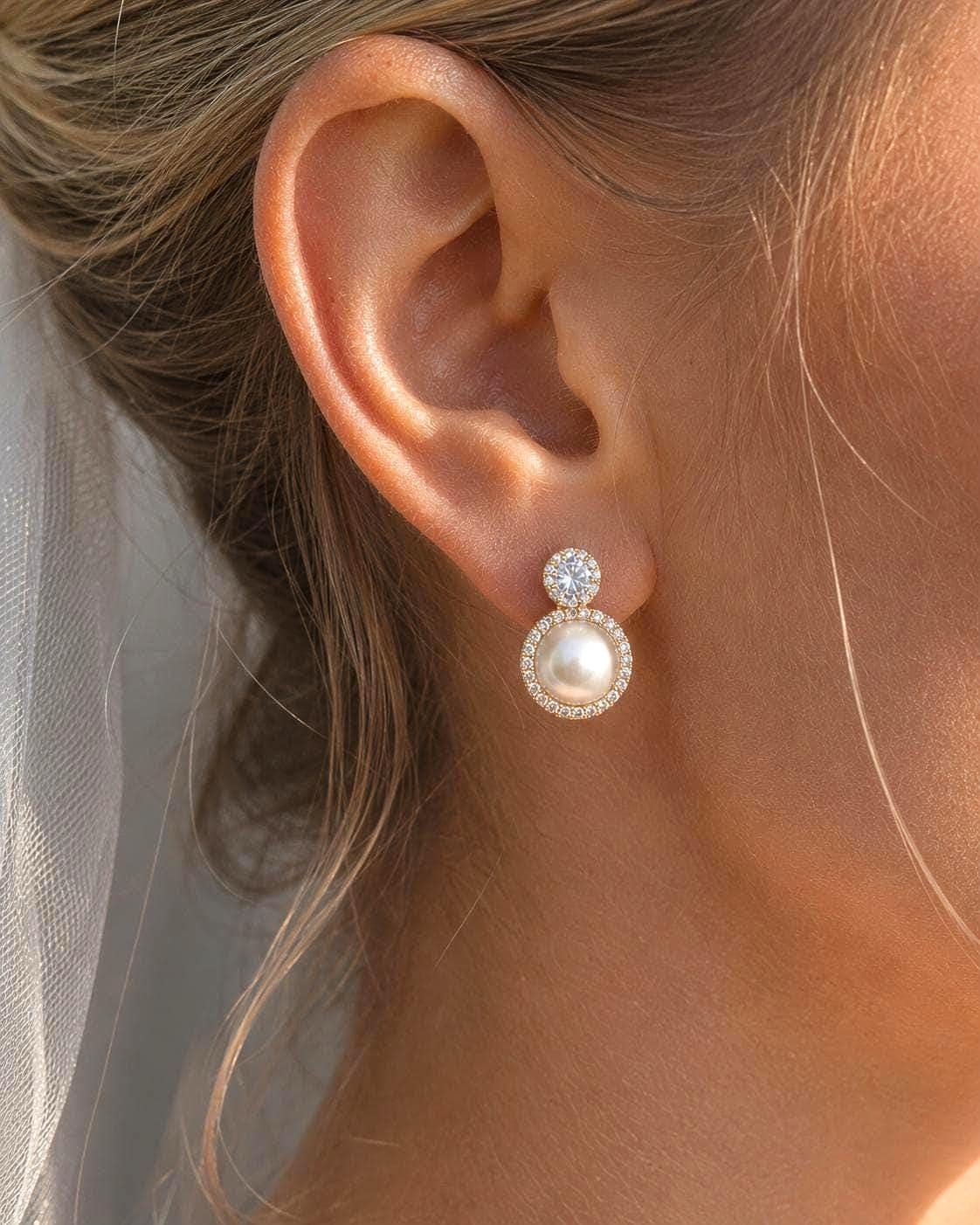 18k Gold Plated Sterling Silver Pearl Bridal Earrings, Crystal Halo Drop Wedding Jewelry