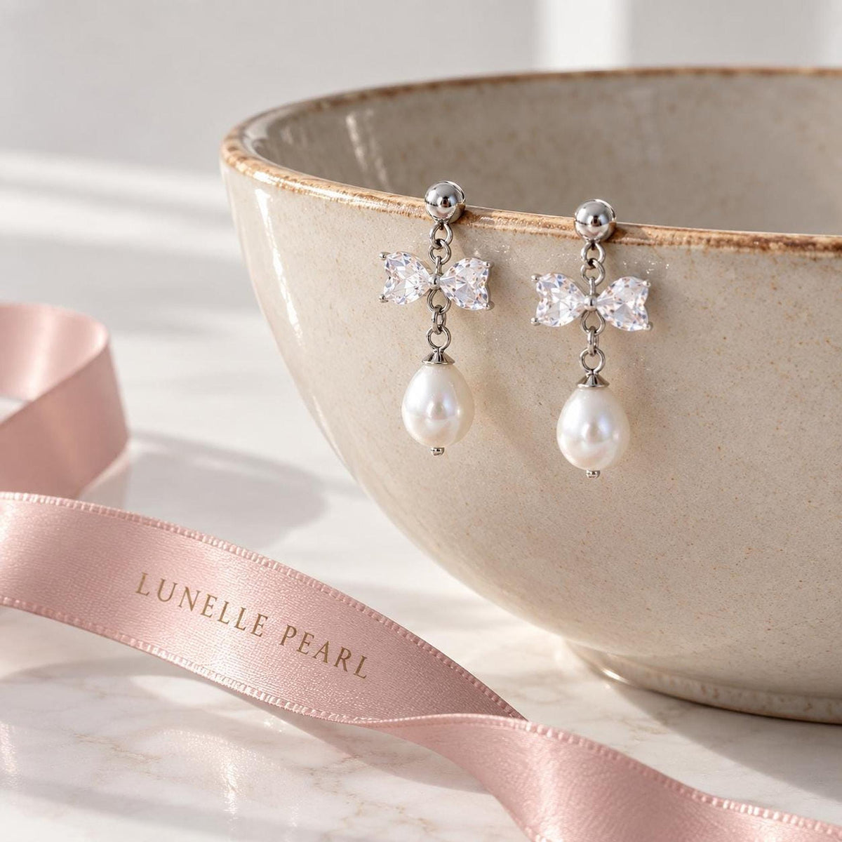 Sterling Silver Mother of Pearl Bow Earrings – Bridal Wedding Drop Jewelry