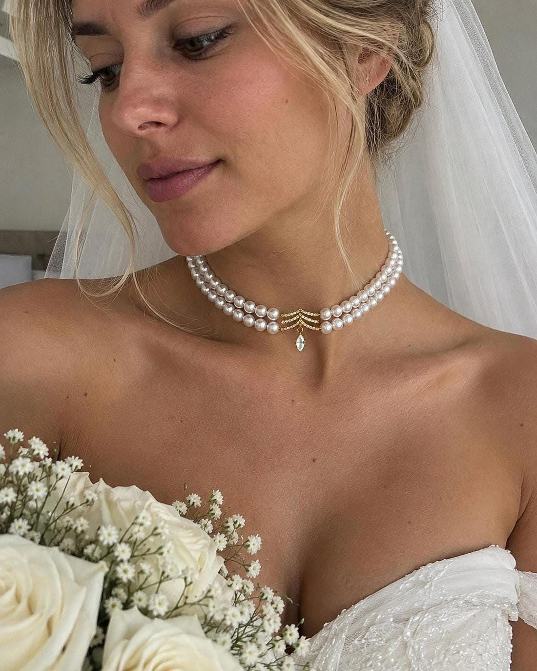 Celestia Double Strand Pearl Choker Necklace, Gold Crystal Bridal Jewelry