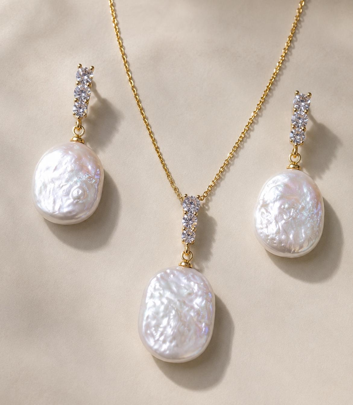 18K Gold Plated Baroque Pearl Jewellery Set, Bridal Necklace Earrings, Elegant Wedding