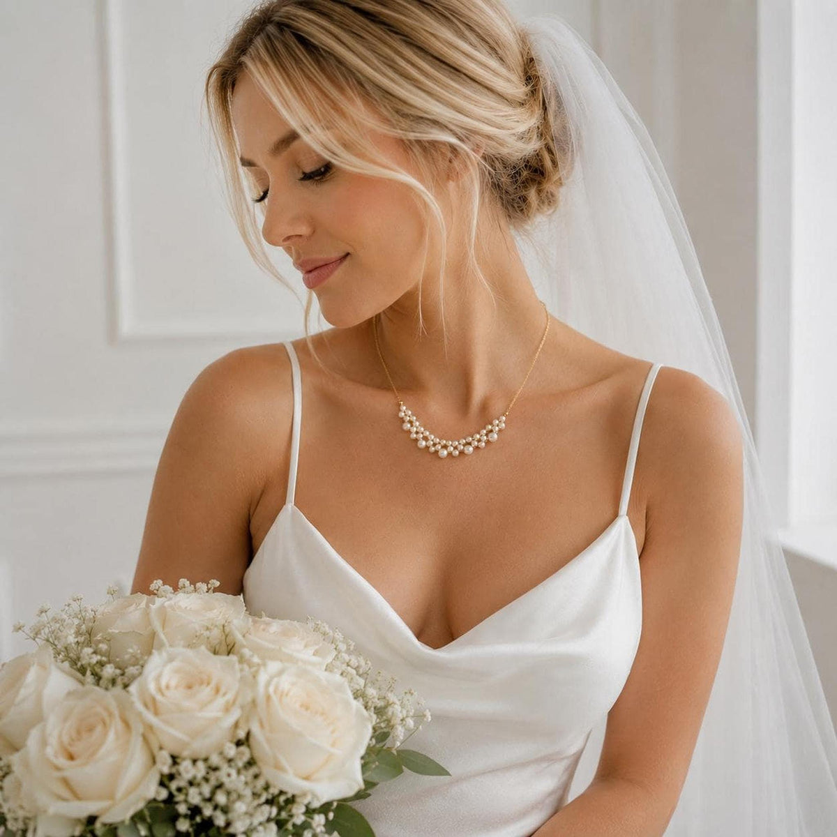 Dainty Ivory Pearl Necklace with Gold Chain, Elegant Bridal Jewelry for Special Occasions