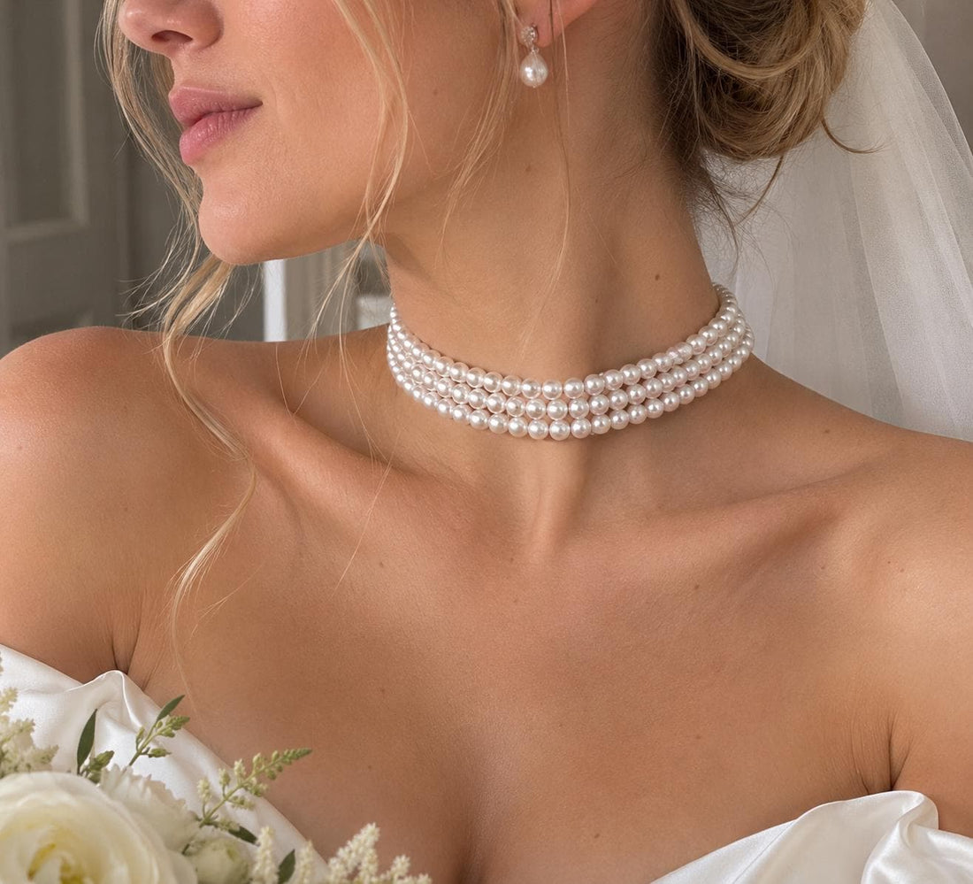 Three-Strand Glass Pearl Choker Necklace, Ivory Bridal Jewelry, Tarnish-Resistant Brass