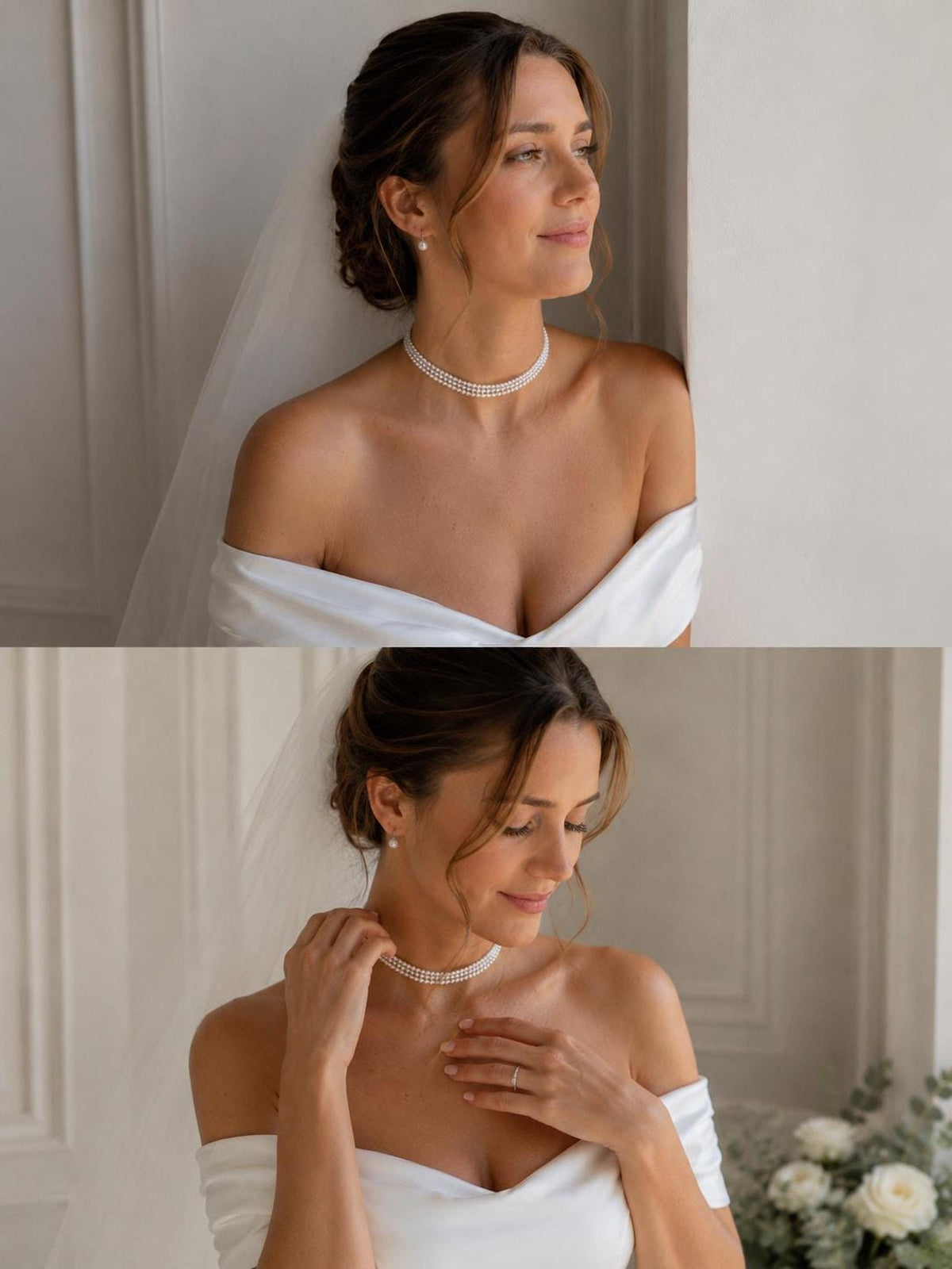 Layered Pearl Choker Necklace, Elegant Bridal Jewelry with Custom Length Options