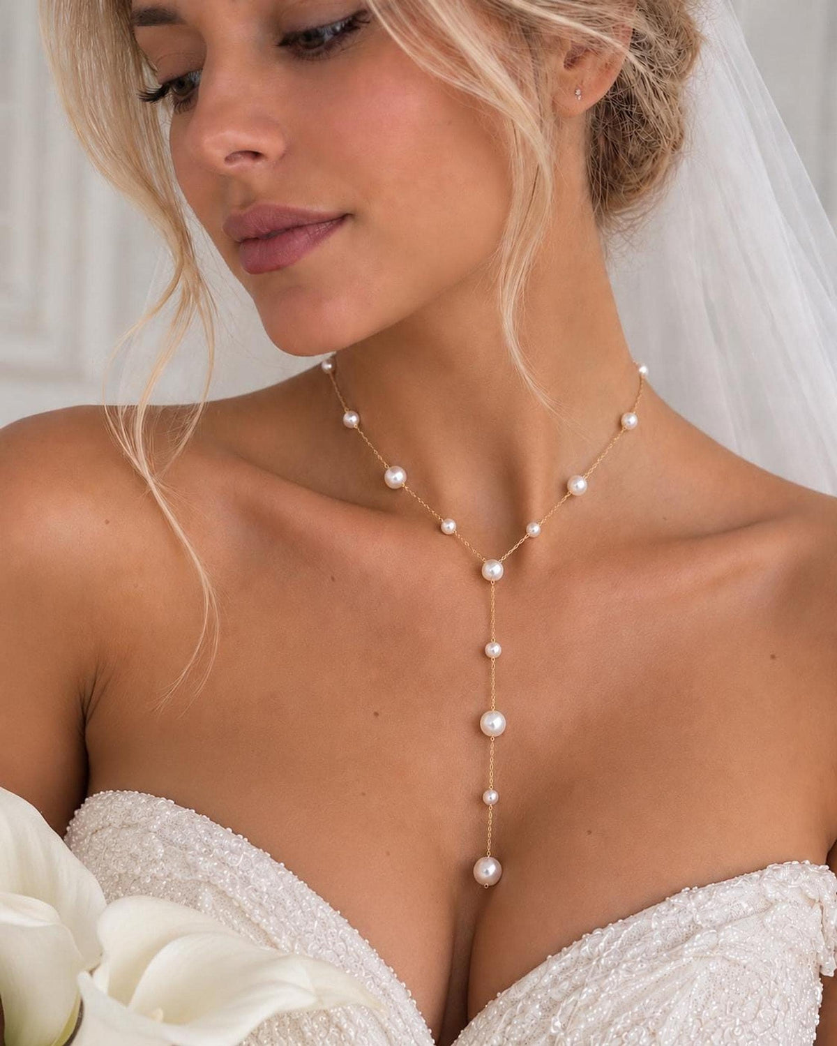 Pearl Lariat Necklace, 14K Gold-Plated or Silver-Plated Brass Y Design