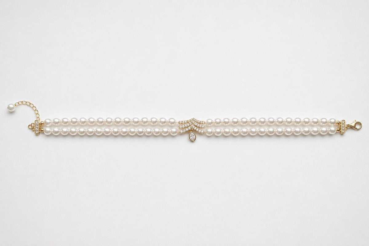 Celestia Double Strand Pearl Choker Necklace, Gold Crystal Bridal Jewelry