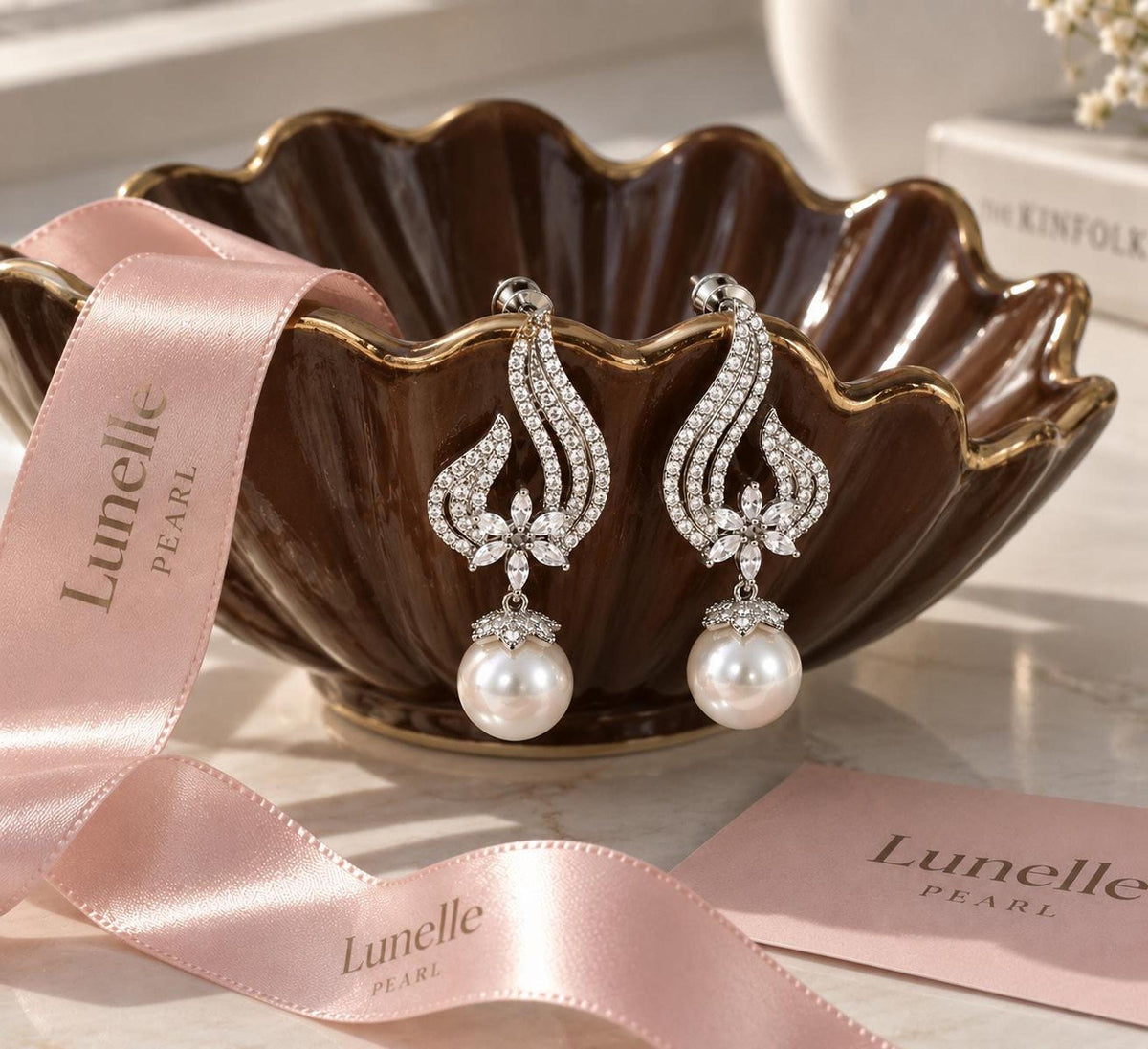 Pearl Bridal Earrings, Stainless Steel Zirconia Drop, 5 cm Wedding Jewelry