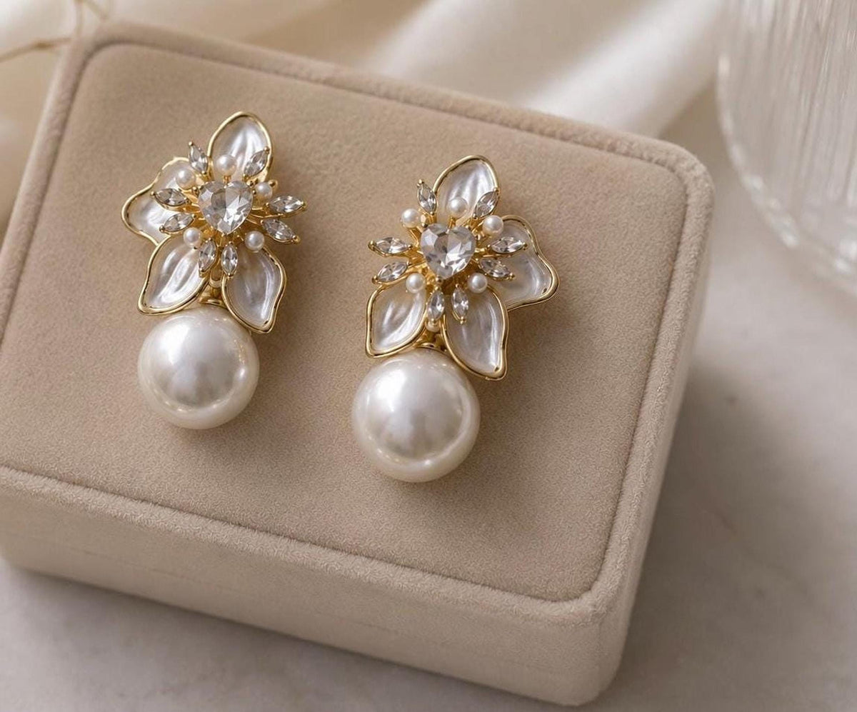 Cherry Petals Bridal Pearl Drop Earrings