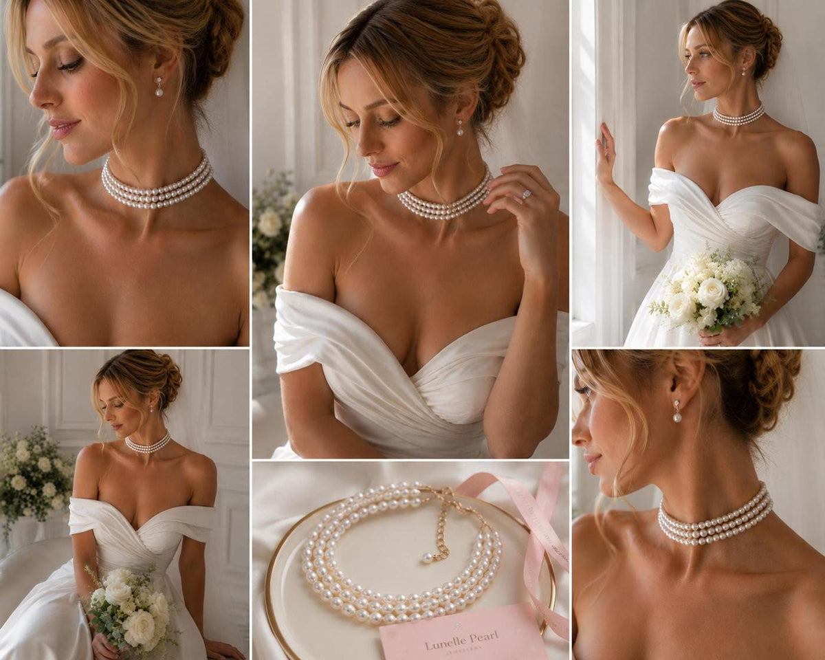 Three-Strand Glass Pearl Choker Necklace, Ivory Bridal Jewelry, Tarnish-Resistant Brass