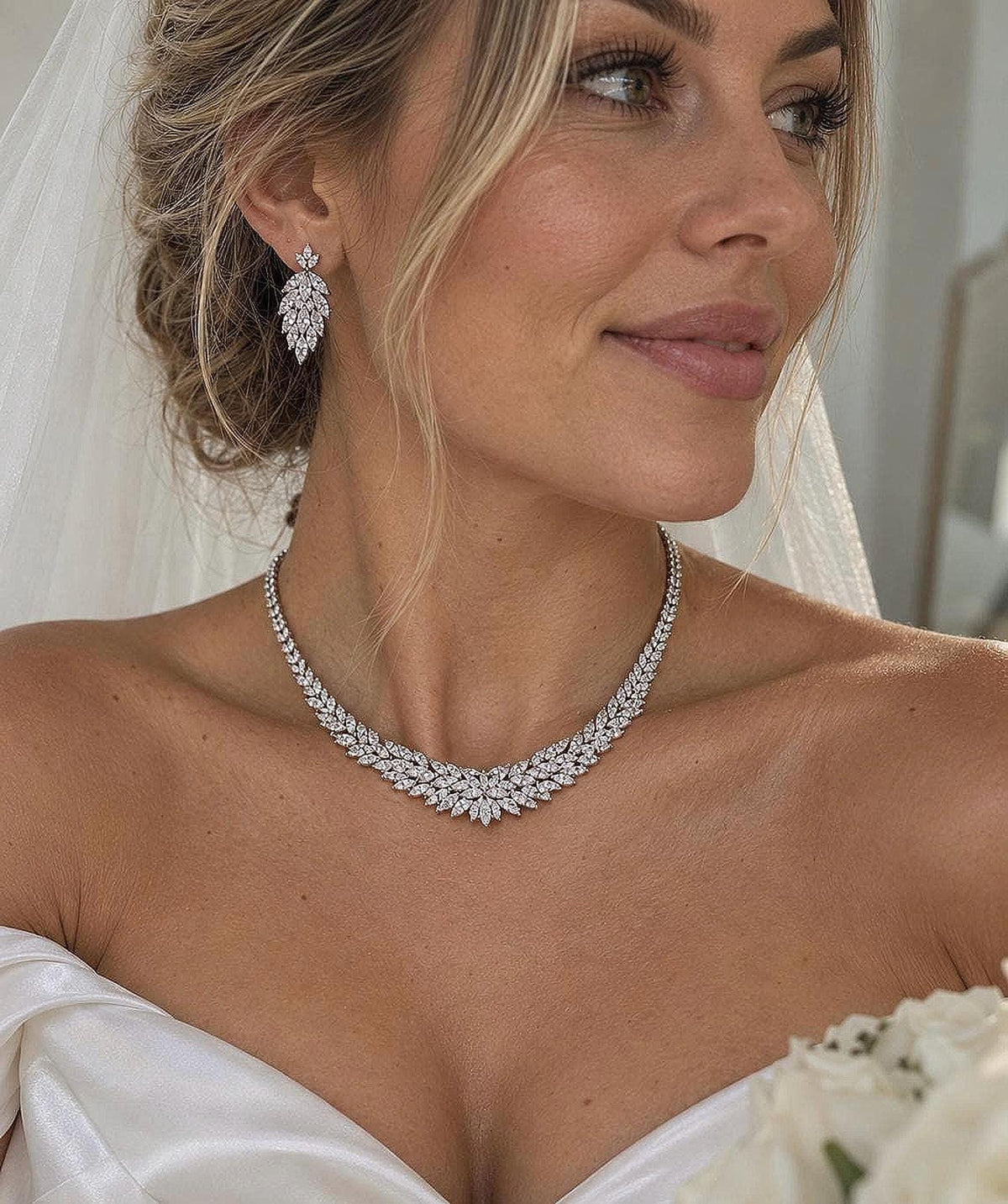 Luxury Bridal Necklace & Earrings Set – Marquise Cut Cubic Zirconia Statement Wedding Jewelry