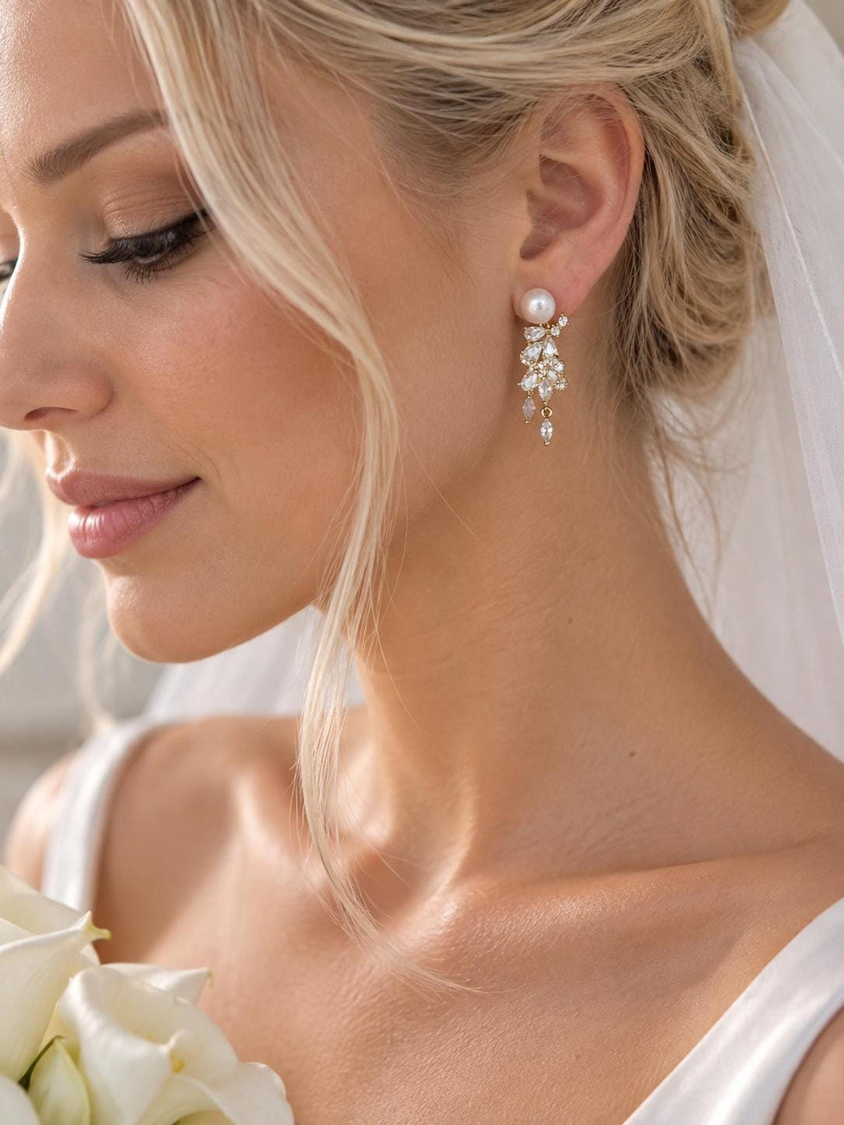 Pearl Vine Earrings – Gold Crystal Bridal Drops