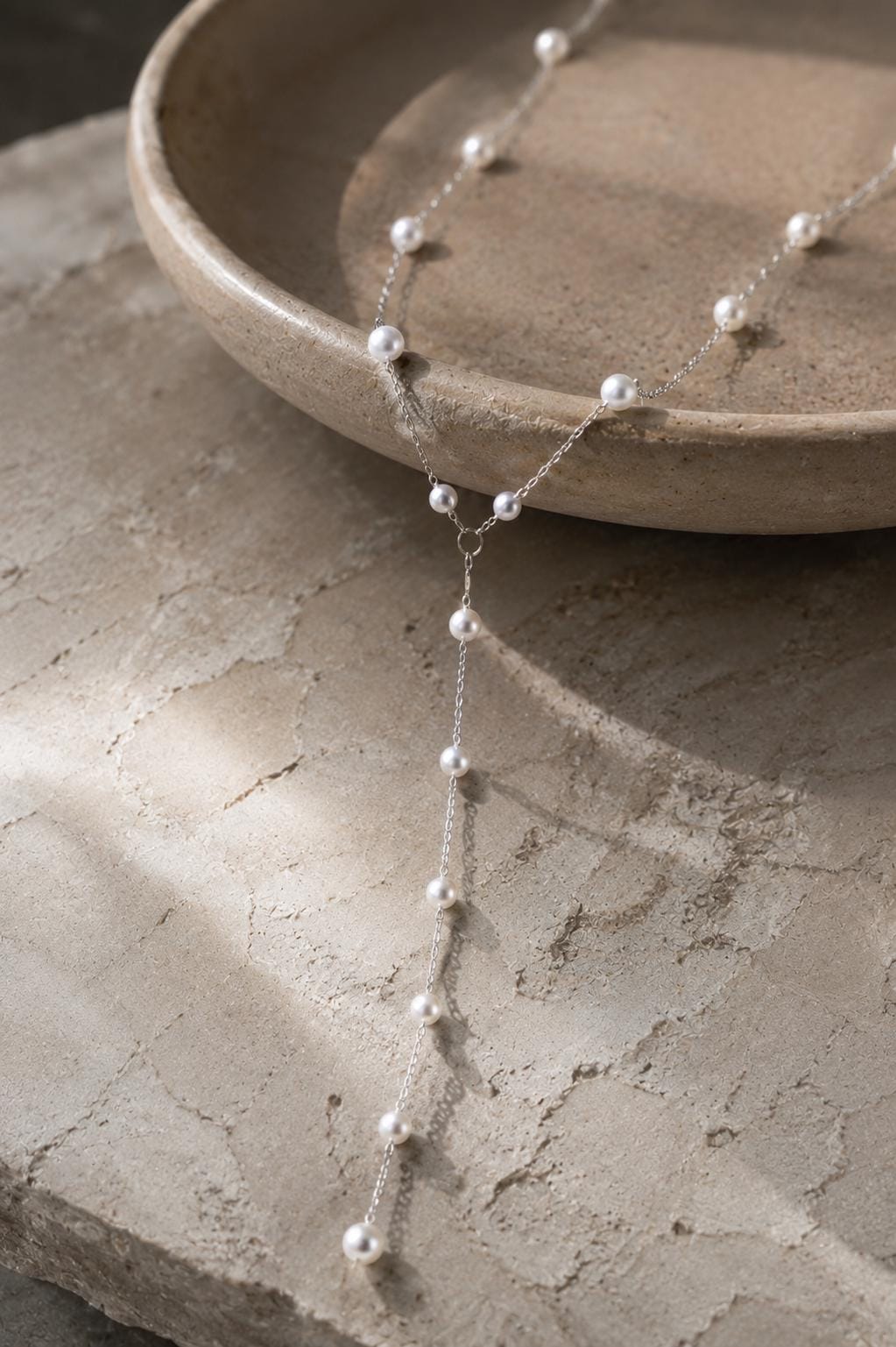 Elegant Silver Pearl Lariat Necklace, Custom Length Bridal Jewelry