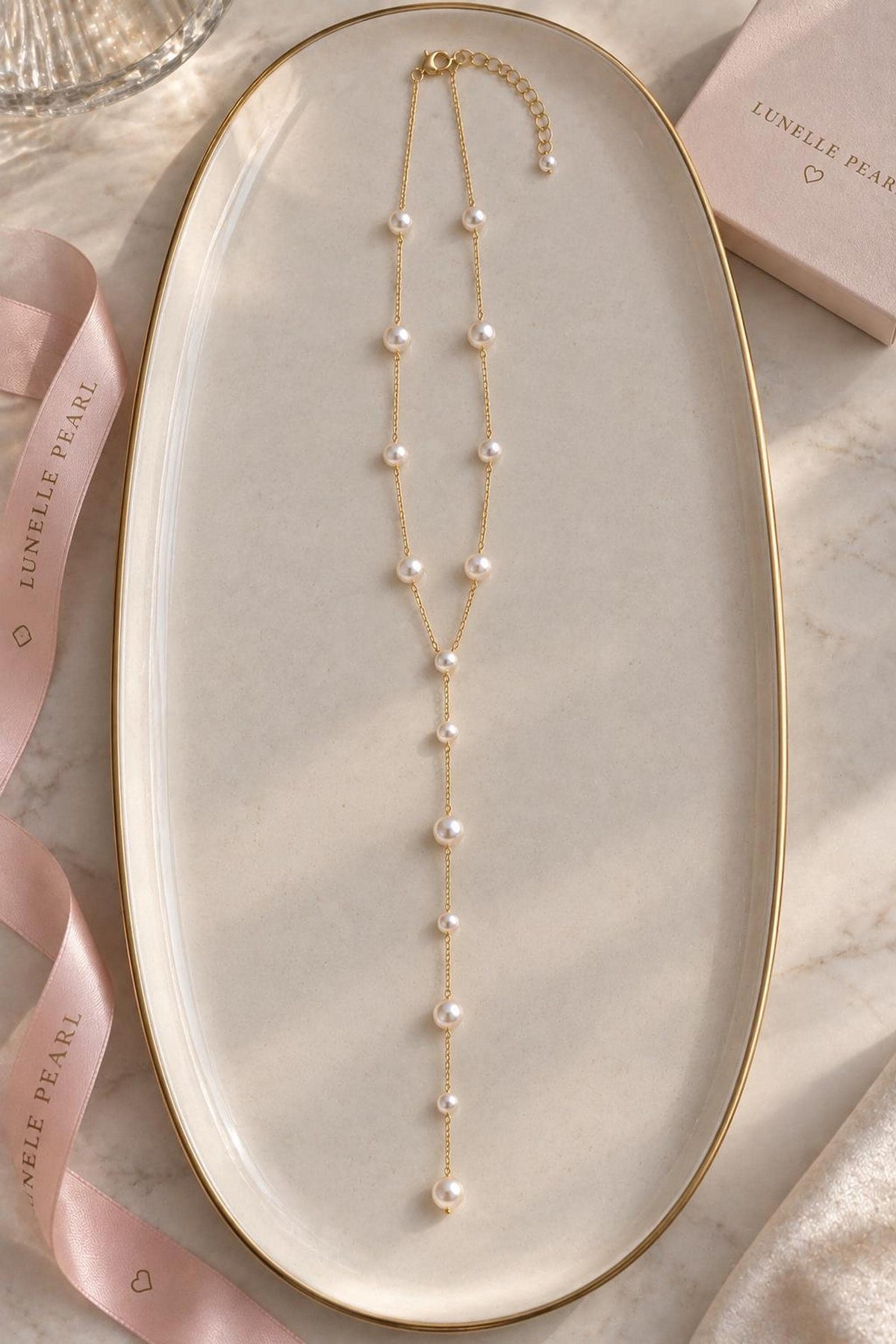 Pearl Lariat Bridal Necklace, 14K Gold Plated Y with Elegant