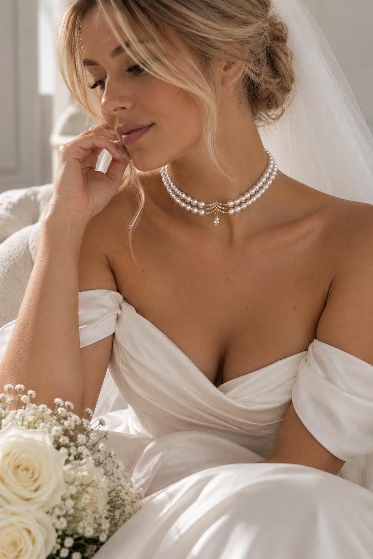 Celestia Double Strand Pearl Choker Necklace, Gold Crystal Bridal Jewelry