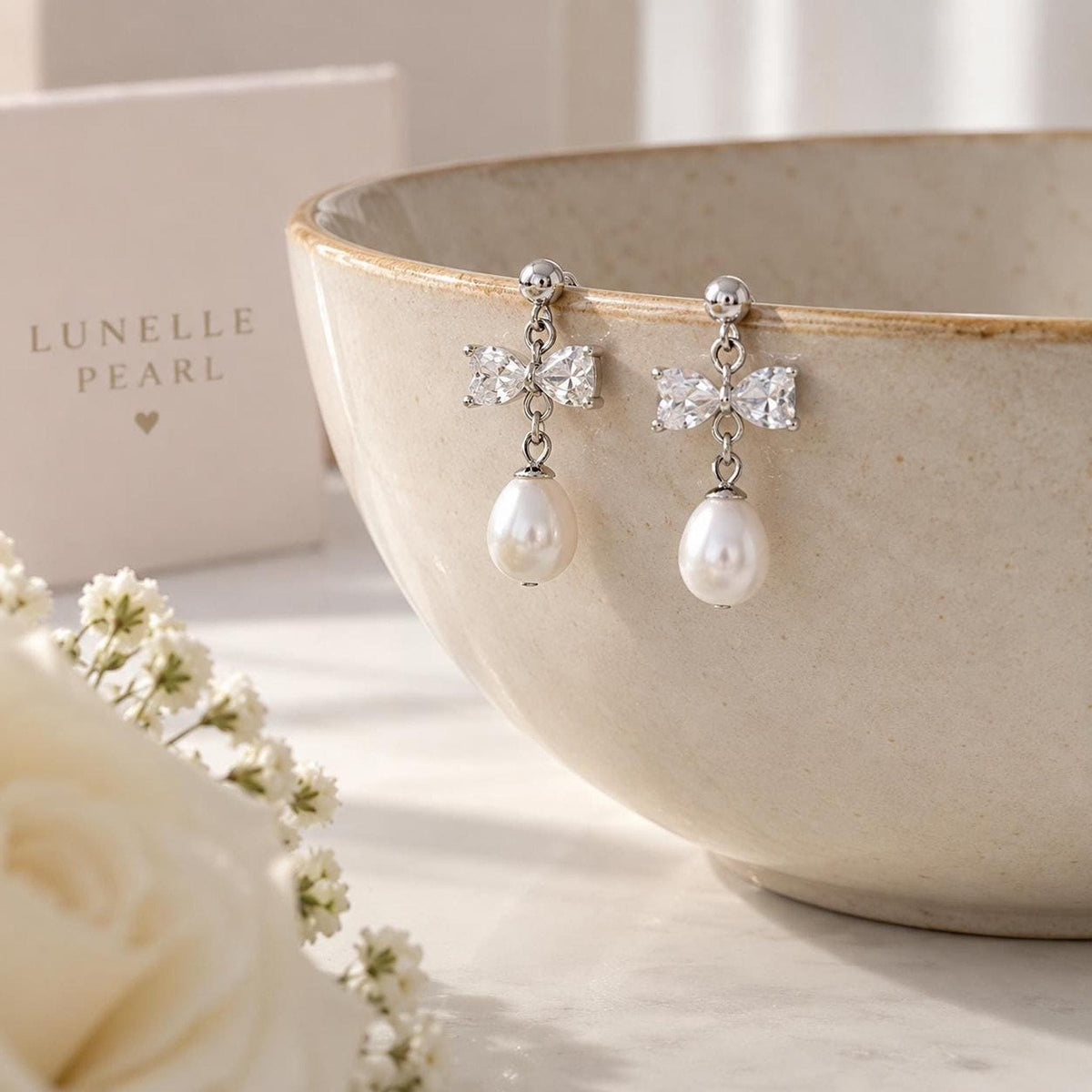 Sterling Silver Mother of Pearl Bow Earrings – Bridal Wedding Drop Jewelry